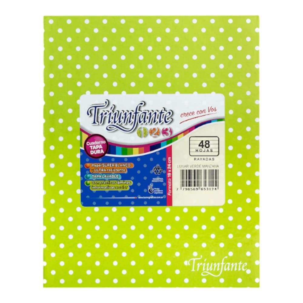 7796569653124 CUADERNO VERDE MANZANA N3 LUNARES 48HJS RAYADO TRIUNFANTE