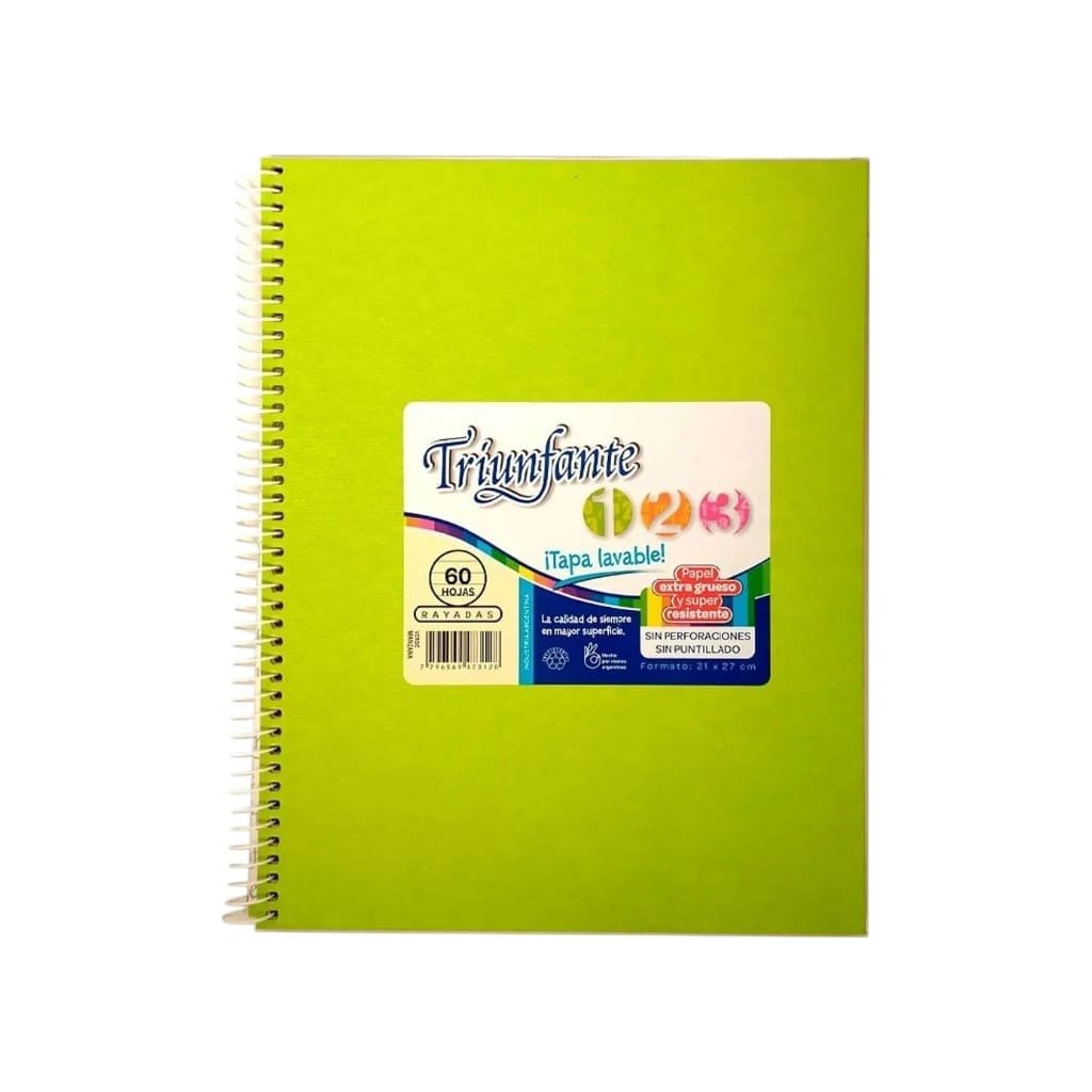 7796569473128 CUADERNO ESPIRAL VERDE MANZANA 1 2 3 RAYADO 60HJS TRIUNFANTE