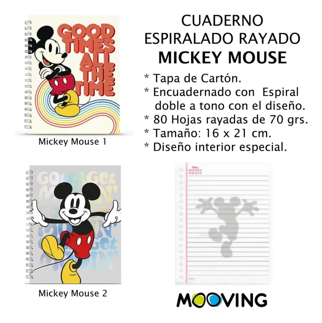 CUADERNO 16X21 ESPIRAL T/D MICKEY MOUSE 80HJS RAYADO MOOVING
