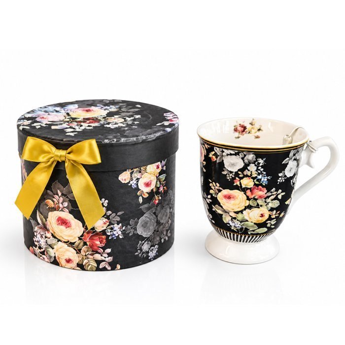 TAZA, DISEÑO FLOREADO COLOR NEGRO EN CAJA DE REGALO / MED.: 11CM / CAP.: 300CC.