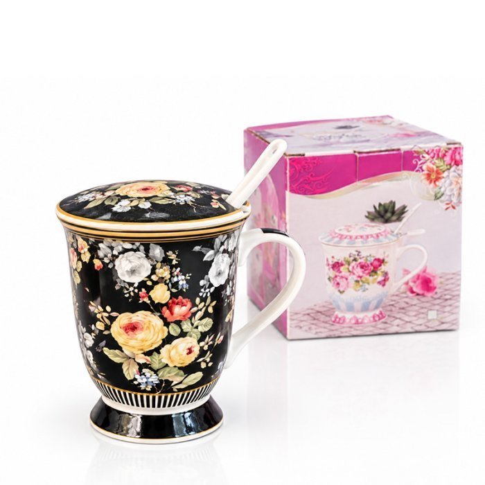 TAZA CON INFUSOR, TAPA Y CUCHARA DE PORCELANA, DISEÑO FLOREADO COLOR NEGRO EN CAJA DE REGALO CAP.: 300CC.