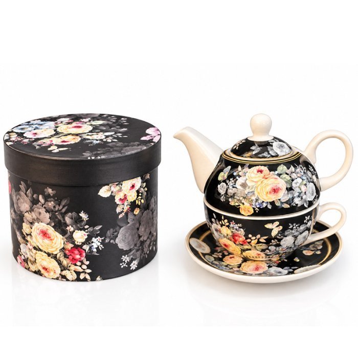TETERA TEA FOR ONE PORCELANA COLOR NEGRO DISEÑO FLOREADO / MED.: 12*6 - 11*6CM