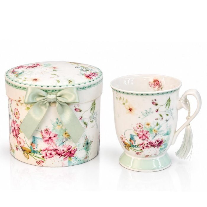 TAZA, DISEÑO FLOREADO COLOR BLANCO EN CAJA DE REGALO / MED.: 11CM / CAP.: 300CC