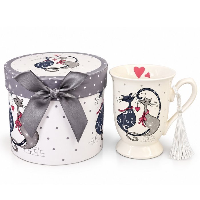 TAZA, DISEÑO GATOS COLOR BLANCO EN CAJA DE REGALO / MED.: 11CM / CAP.: 300CC.