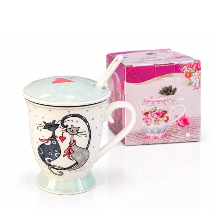 TAZA CON INFUSOR, TAPA Y CUCHARA DE PORCELANA, DISEÑO GATO COLOR BLANCO EN CAJA DE REGALO CAP.: 300CC.