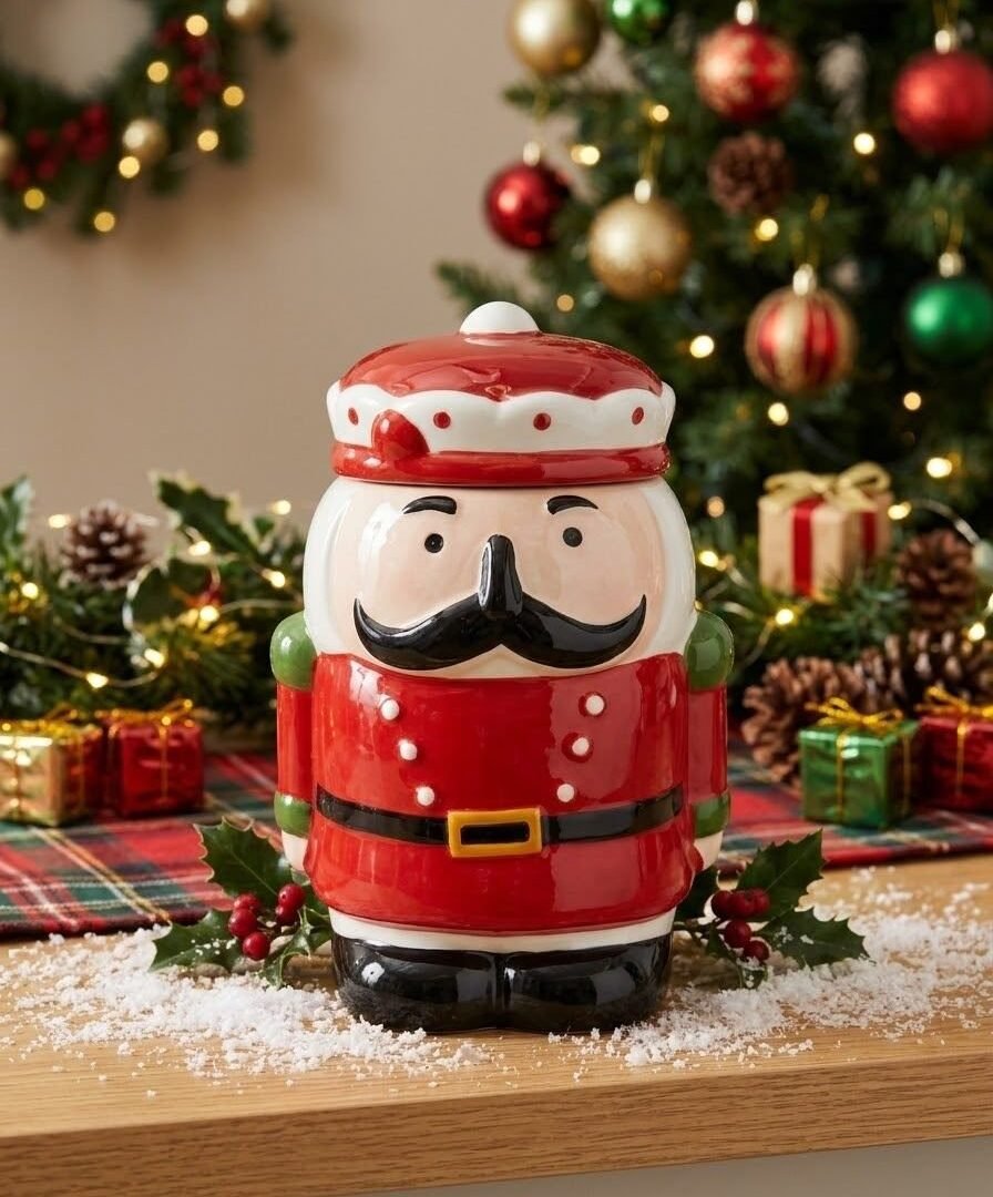 FRASCO NAVIDEÑO ADONOS DE CERÁMICA, FRASCO CARCANUECES CON TAPA. MEDIDAS: 17X23CM